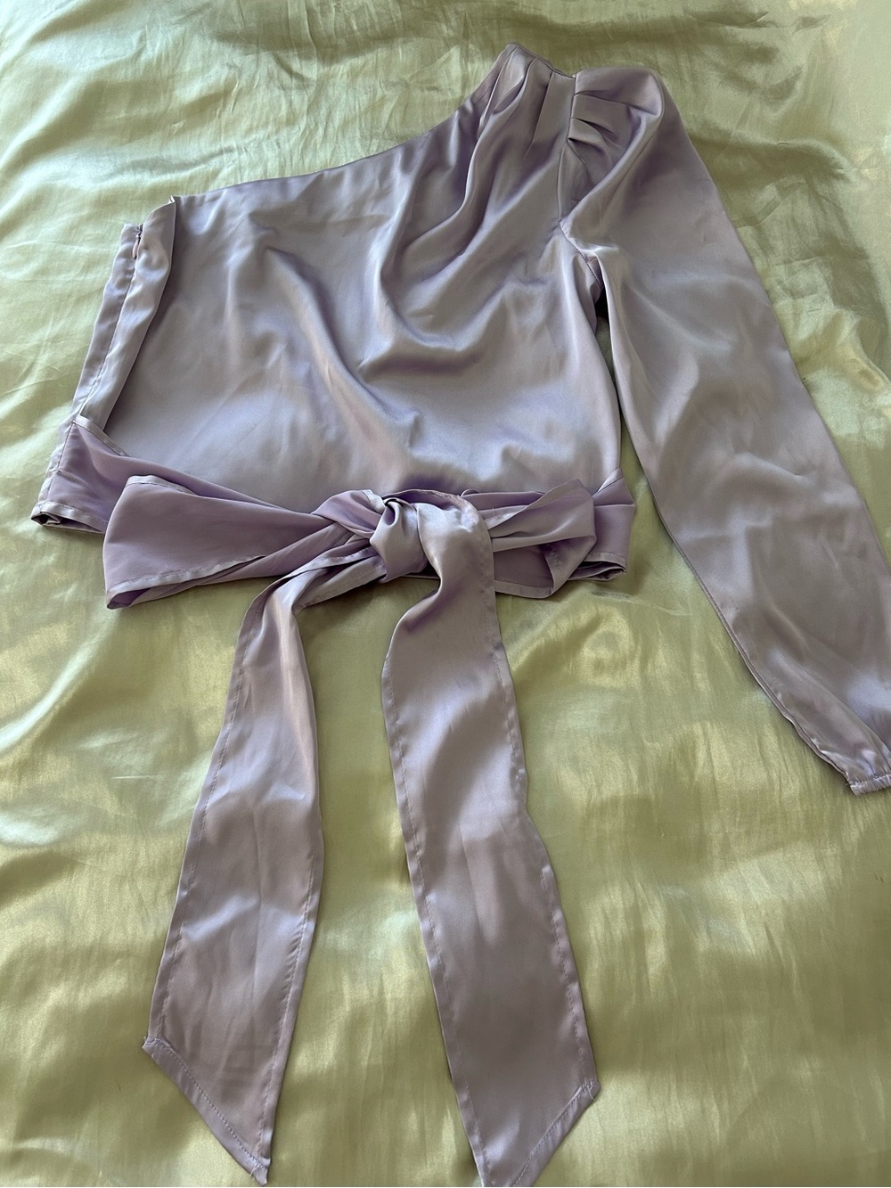 Purple Satin Tie-Waist Blouse One Sleeve